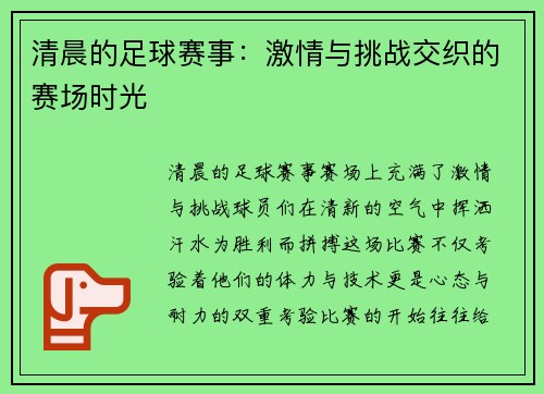 清晨的足球赛事：激情与挑战交织的赛场时光