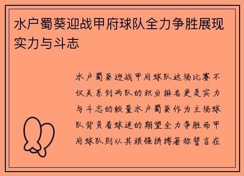 水户蜀葵迎战甲府球队全力争胜展现实力与斗志