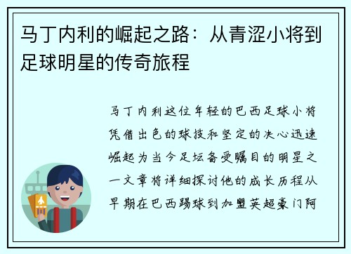 马丁内利的崛起之路：从青涩小将到足球明星的传奇旅程