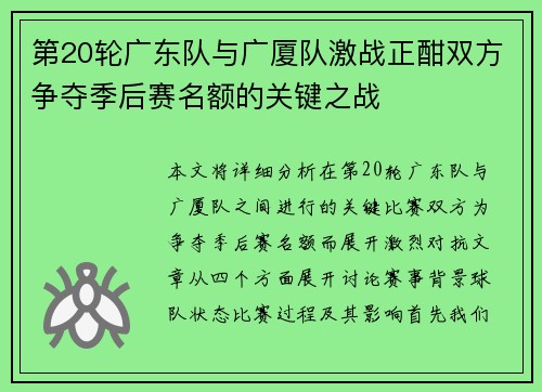 第20轮广东队与广厦队激战正酣双方争夺季后赛名额的关键之战