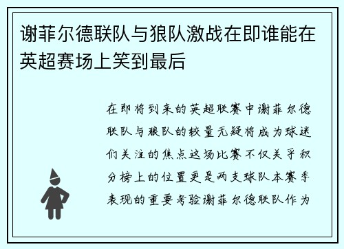 谢菲尔德联队与狼队激战在即谁能在英超赛场上笑到最后