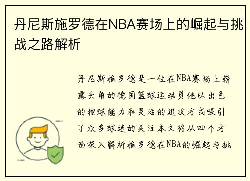 丹尼斯施罗德在NBA赛场上的崛起与挑战之路解析