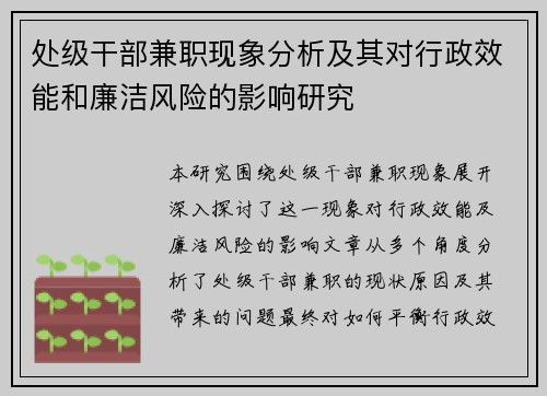 处级干部兼职现象分析及其对行政效能和廉洁风险的影响研究