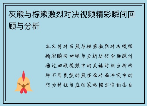 灰熊与棕熊激烈对决视频精彩瞬间回顾与分析
