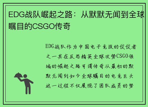 EDG战队崛起之路：从默默无闻到全球瞩目的CSGO传奇
