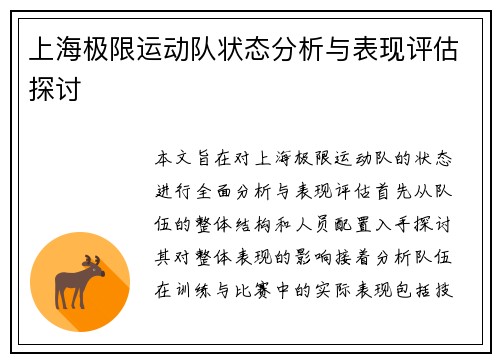 上海极限运动队状态分析与表现评估探讨